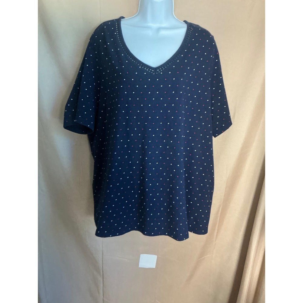 Catherines Polka Dot Top Women 2X Navy Blue Excellent V-Neck Short Sleeve Tee